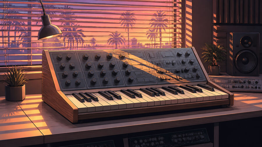 Polaroid: Synthesizer im Jalousienlicht
